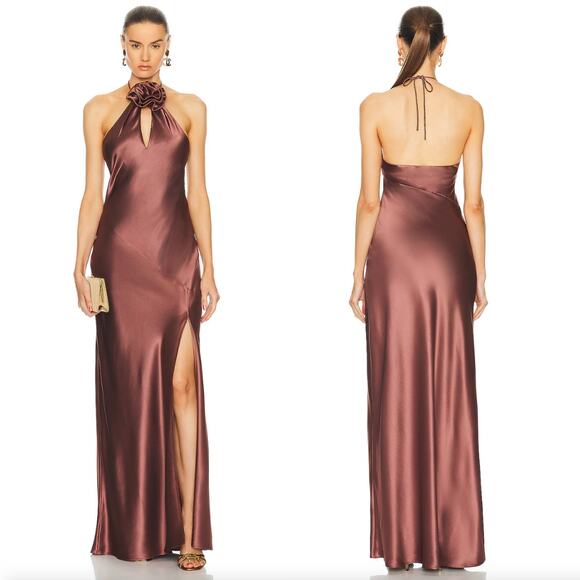 NICHOLAS | Ana Halter Dress With Removable Flower in Nutmeg Brown Maxi Gown 6 - Picture 2 of 14